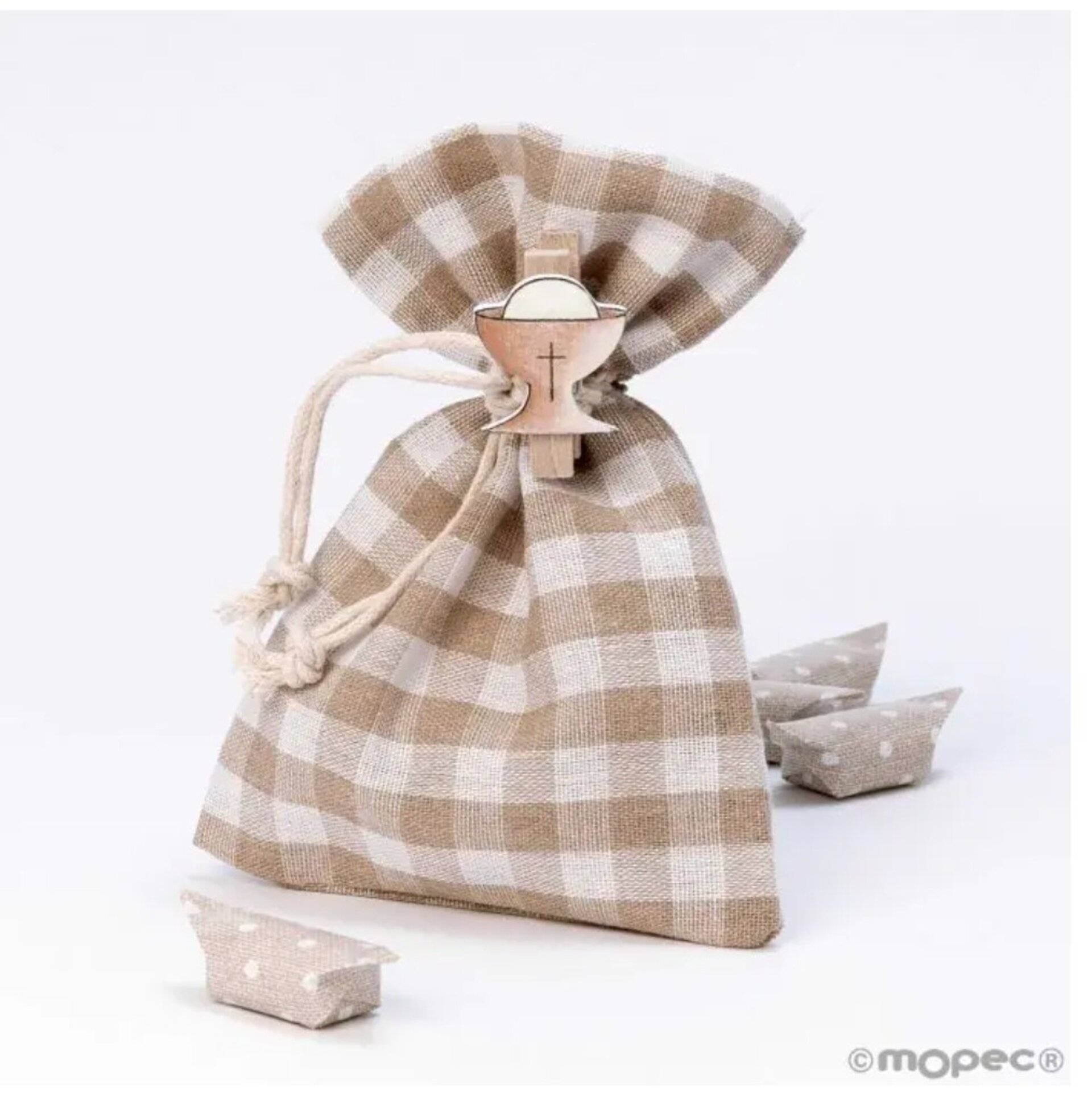 Bolsa cuadros beige con pinza cáliz y 4 caramelos 10X14 cm. - 1