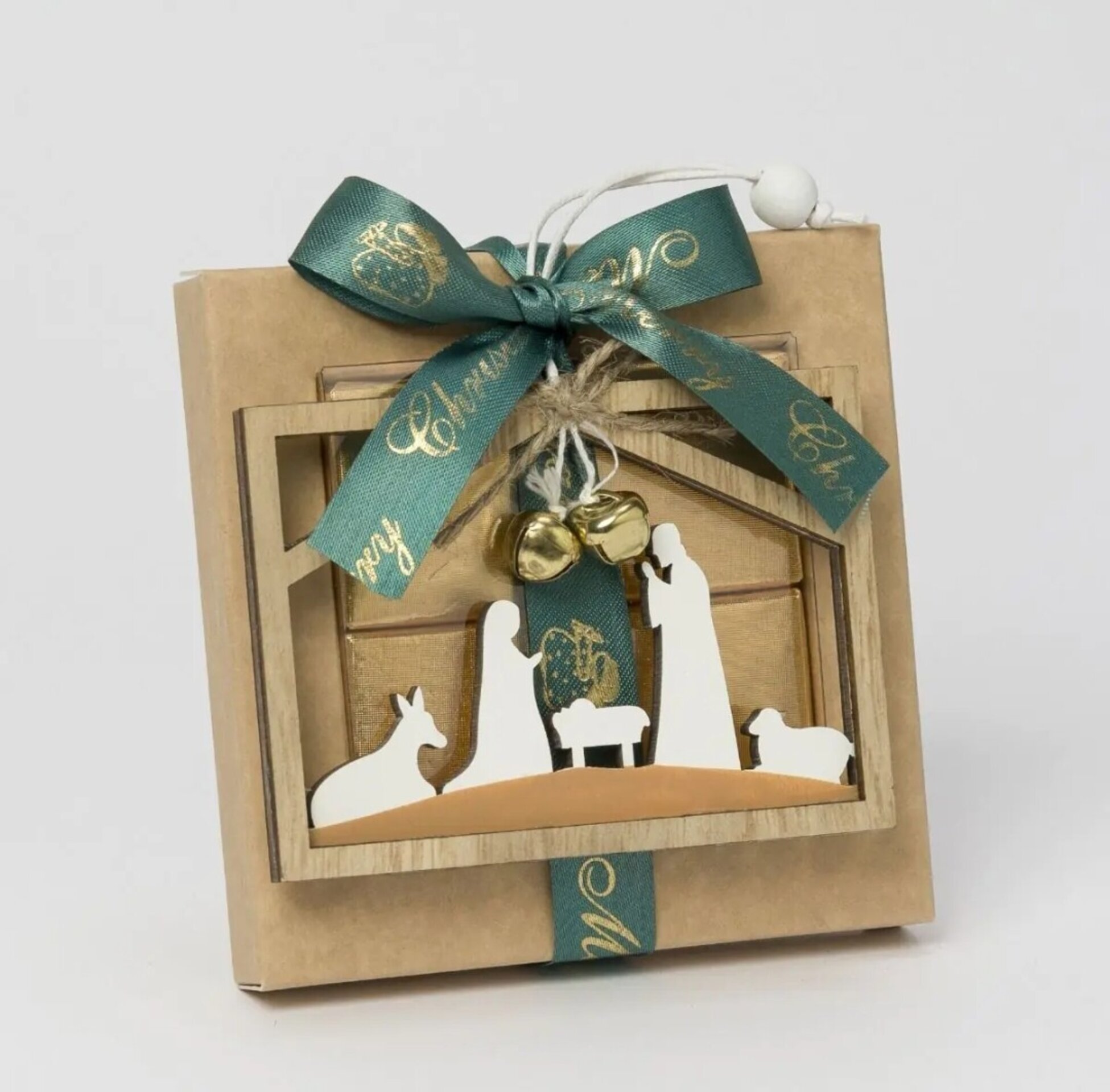 Estuche 4 napolitanas siluetas Pesebre madera con cascabel - 2