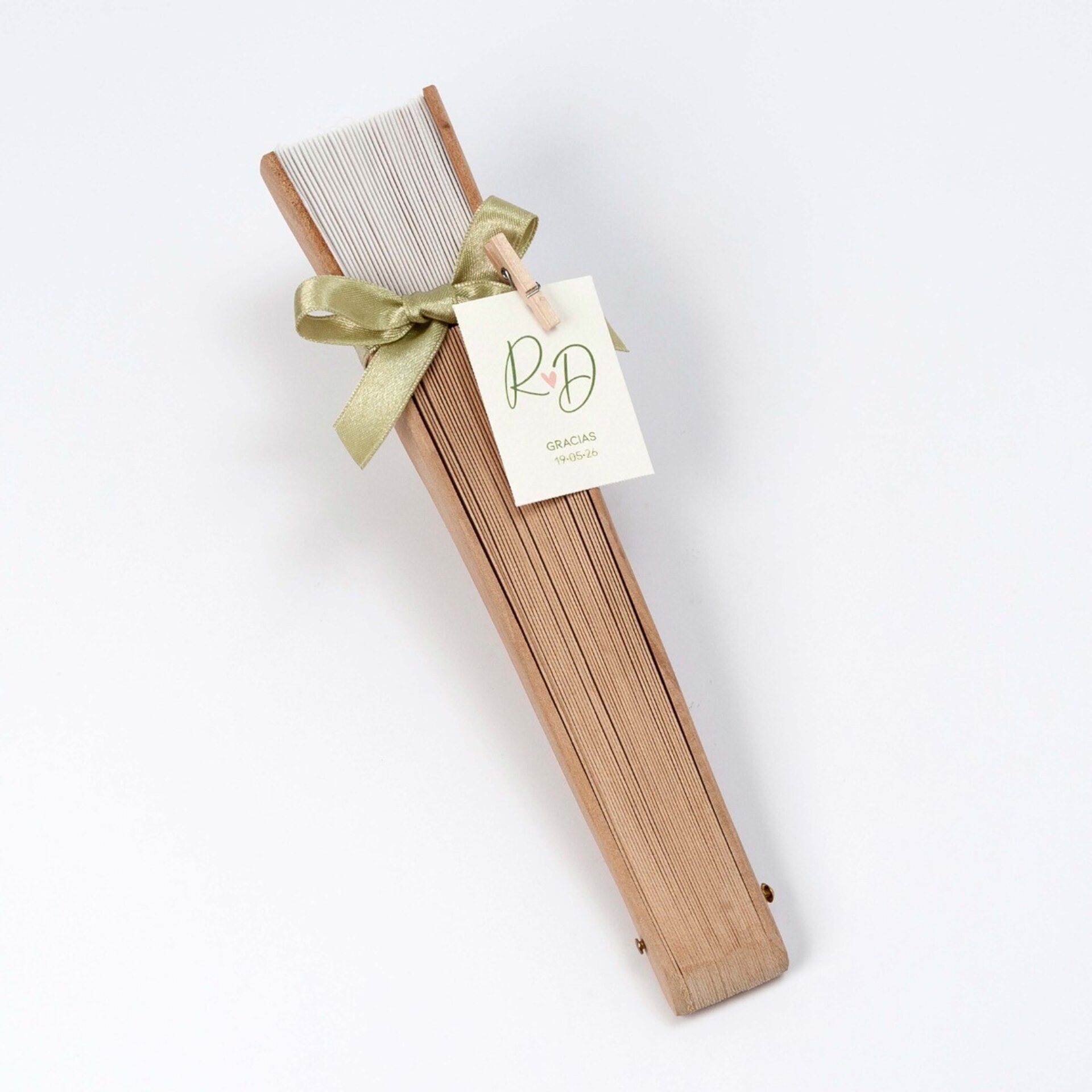 Abanico blanco madera natural adornado lazo verde, min.6 4,25€ - 2