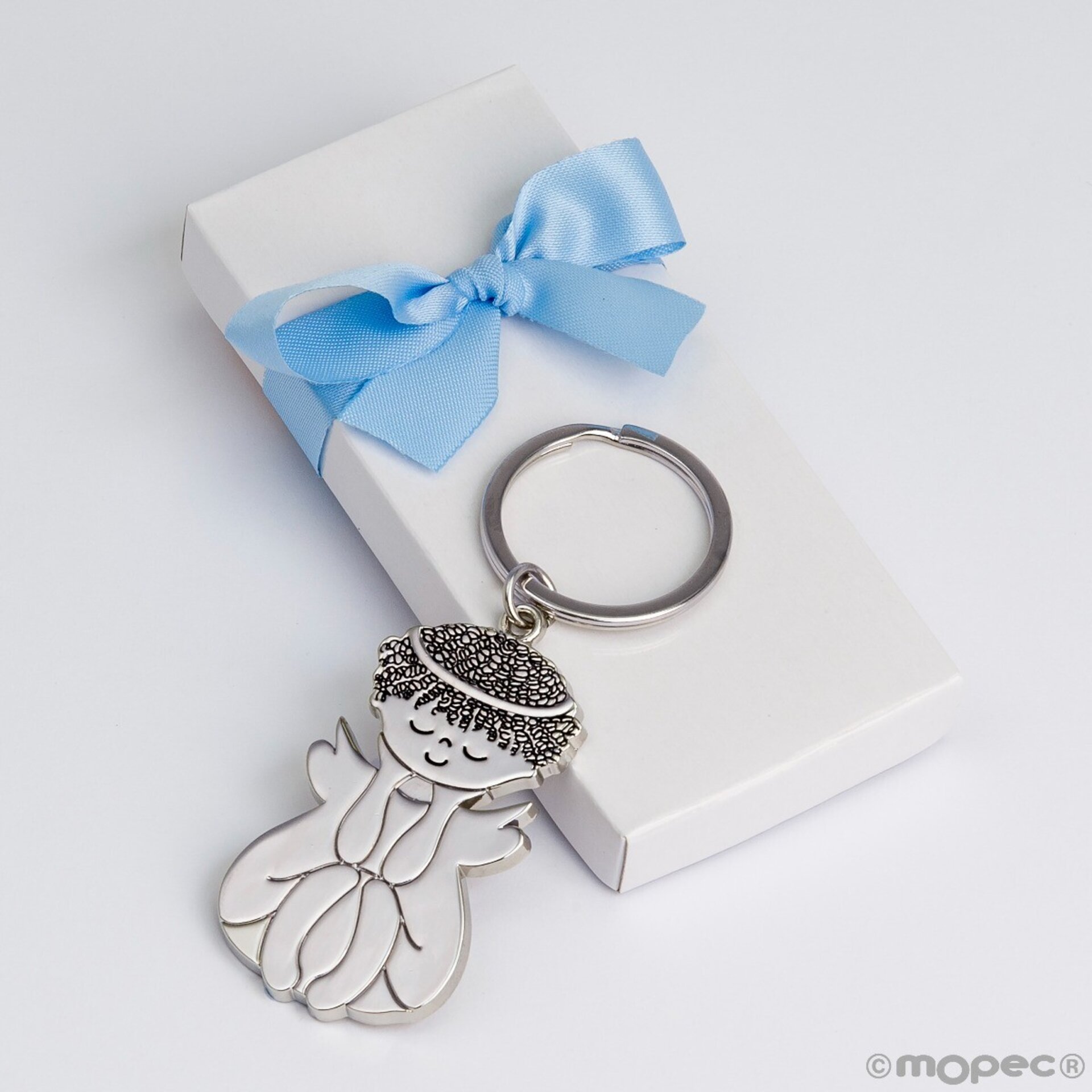 Llavero metálico Ángel sentado en caja blanca adornado azul - 2
