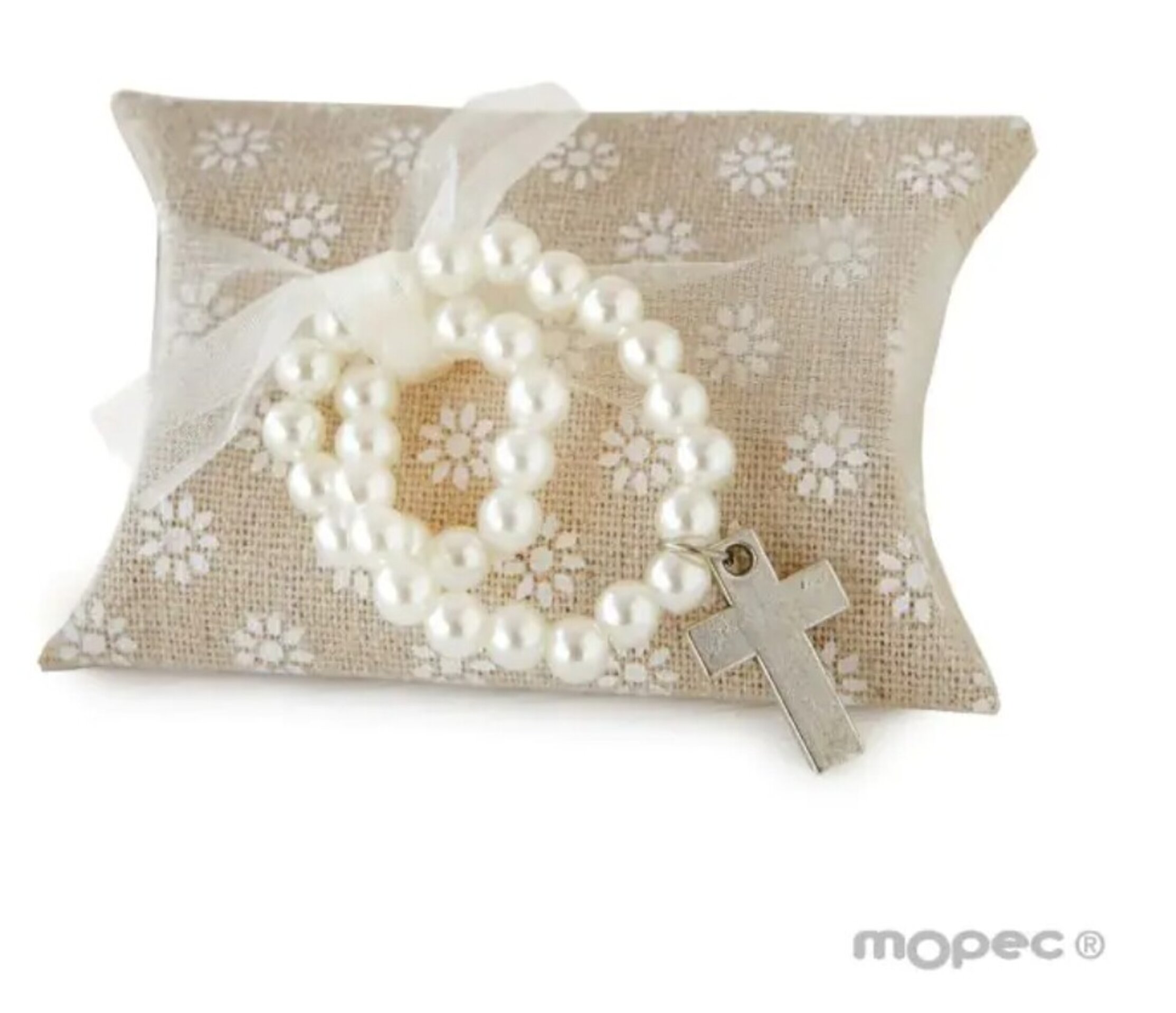 Estuche tela pulsera perlitas y cruz, 5 caramelos - 1
