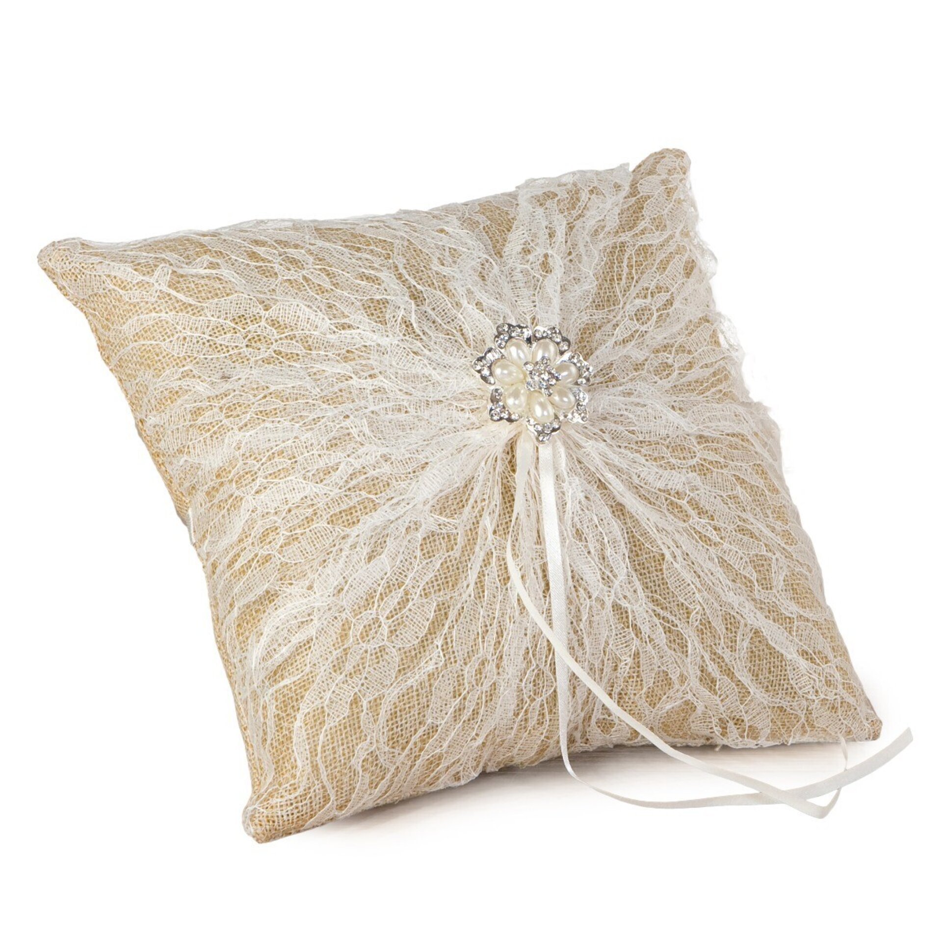 Cojín alianzas burlap con blonda broche perlas - 1