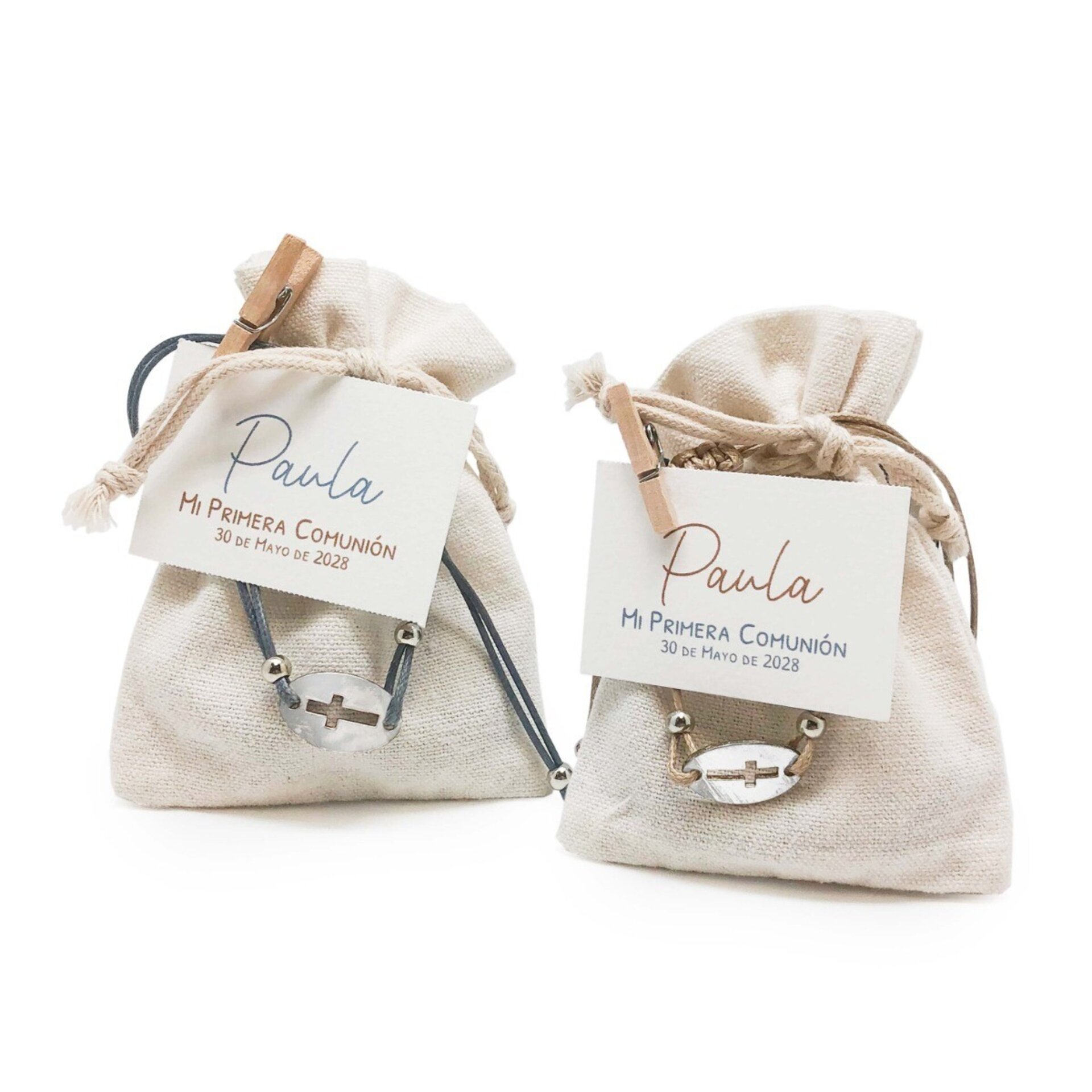 Pulsera cruz cordón efecto piel gris/beige 2bombones min.6 3,30€ - 2