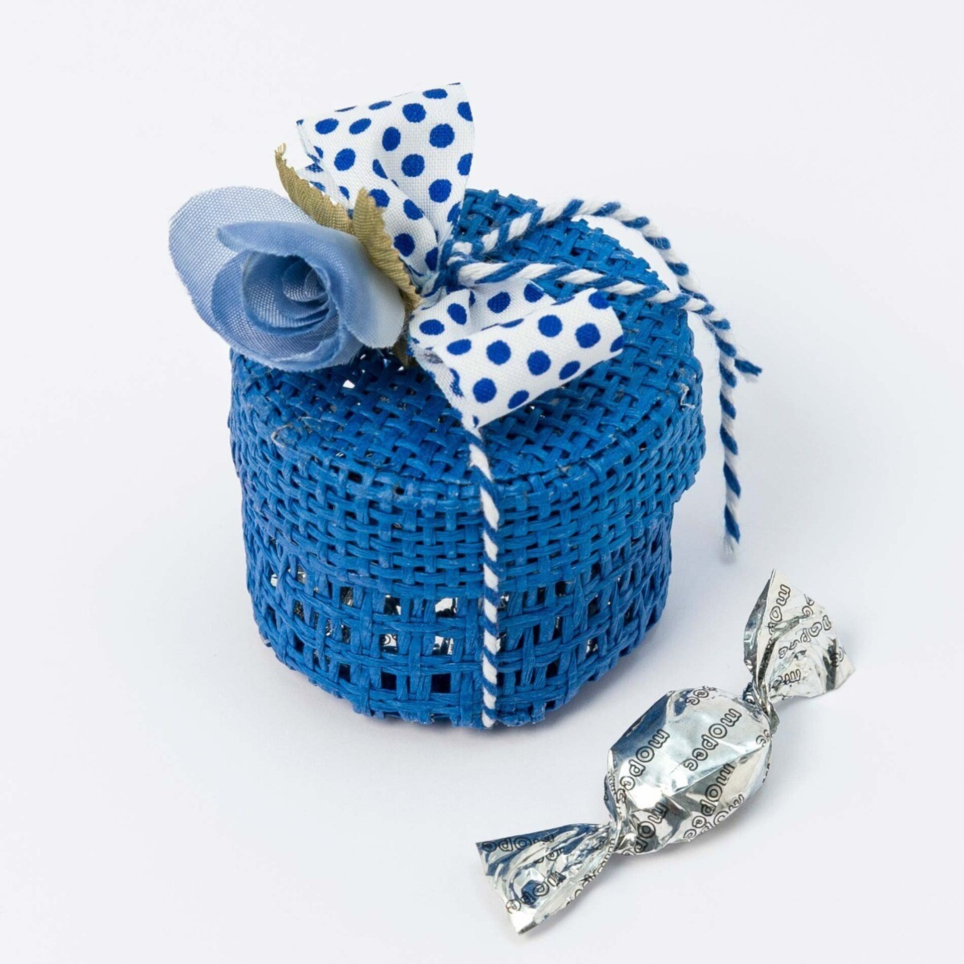 Caja rejilla azul cinta topos y flor azul 6 minifruits - 2