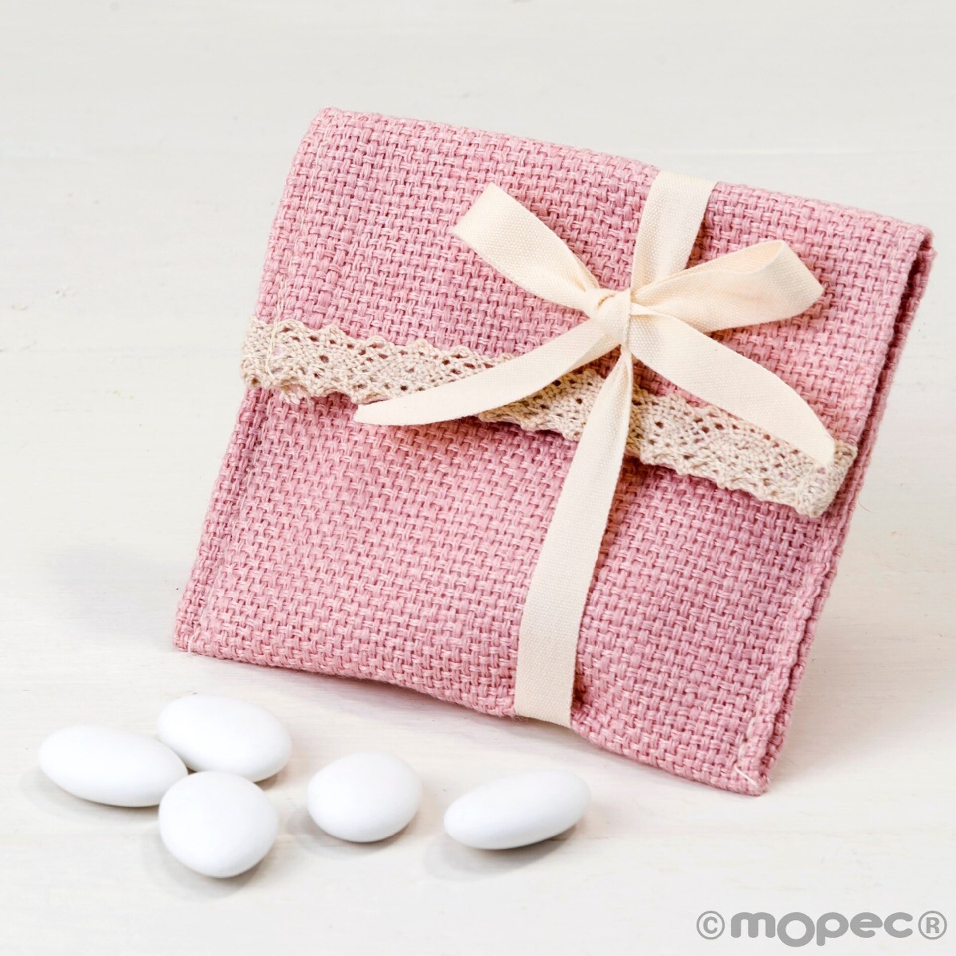 Bolsita algodón rosa con puntilla y velcro,5peladillas choco - 1