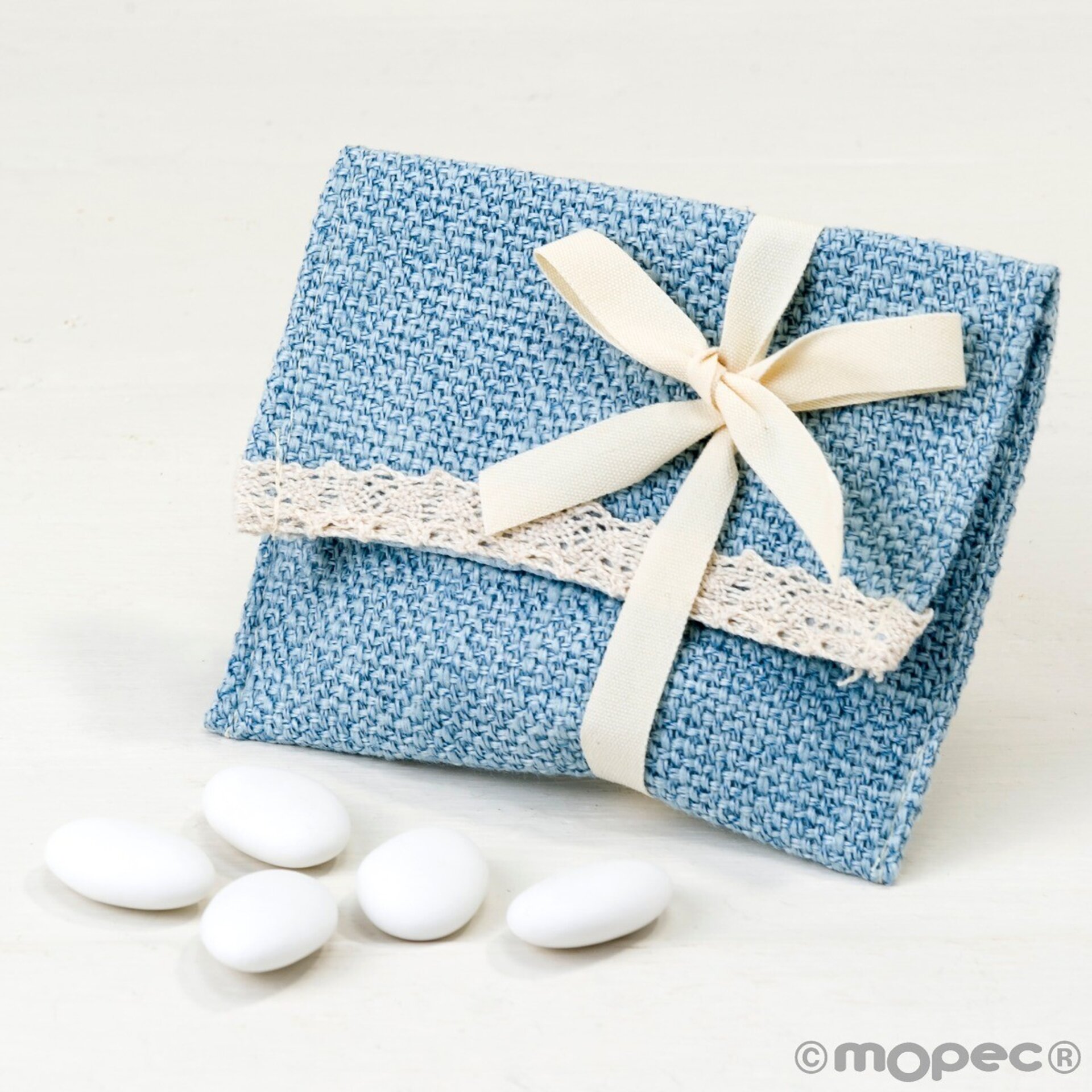 Bolsita algodón azul con puntilla y velcro,5peladillas choco - 1