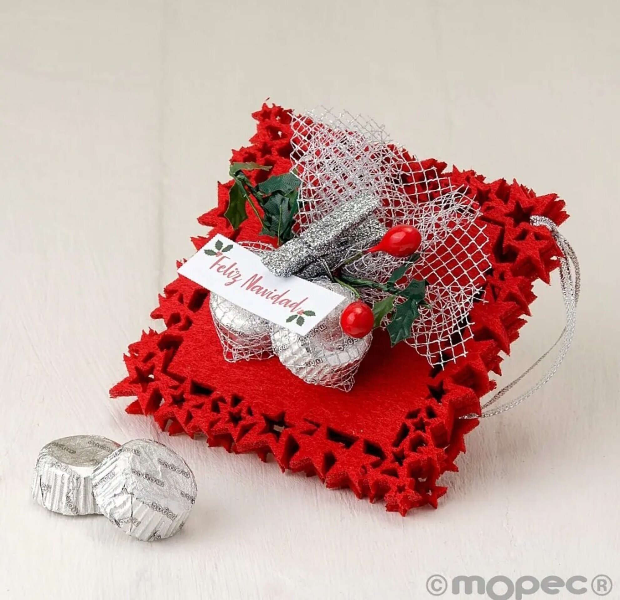 4 Posavasos navideños con detalles de muérdago y 2 bombones con tarjeta navideña - 3