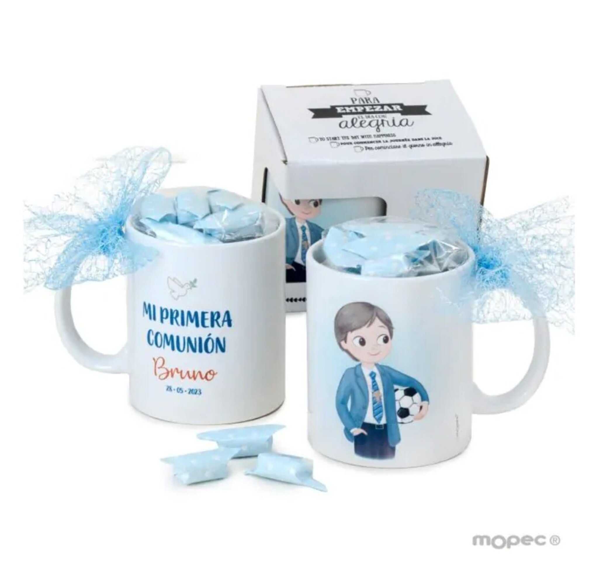 Taza niño Comunión con pelota,7caramelos en caja regalo - 1