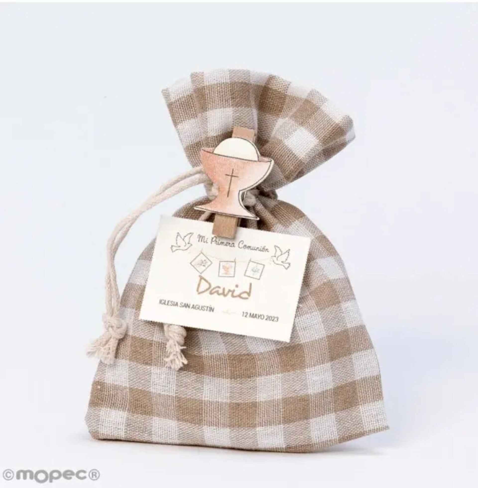 Bolsa cuadros beige con pinza cáliz y 4 caramelos 10X14 cm - 2
