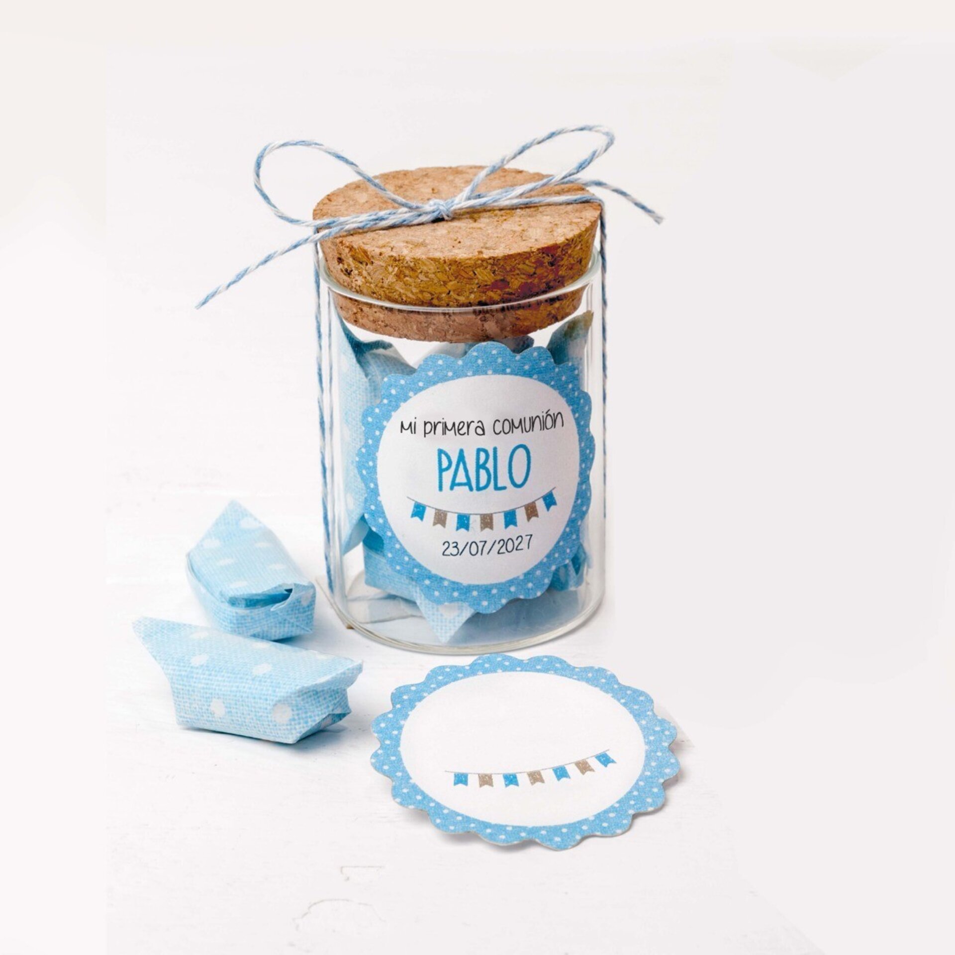 Tarro cristal y 5caramelos azules, Ø4,5x6,5cm. Min.12 3,30€ - 2