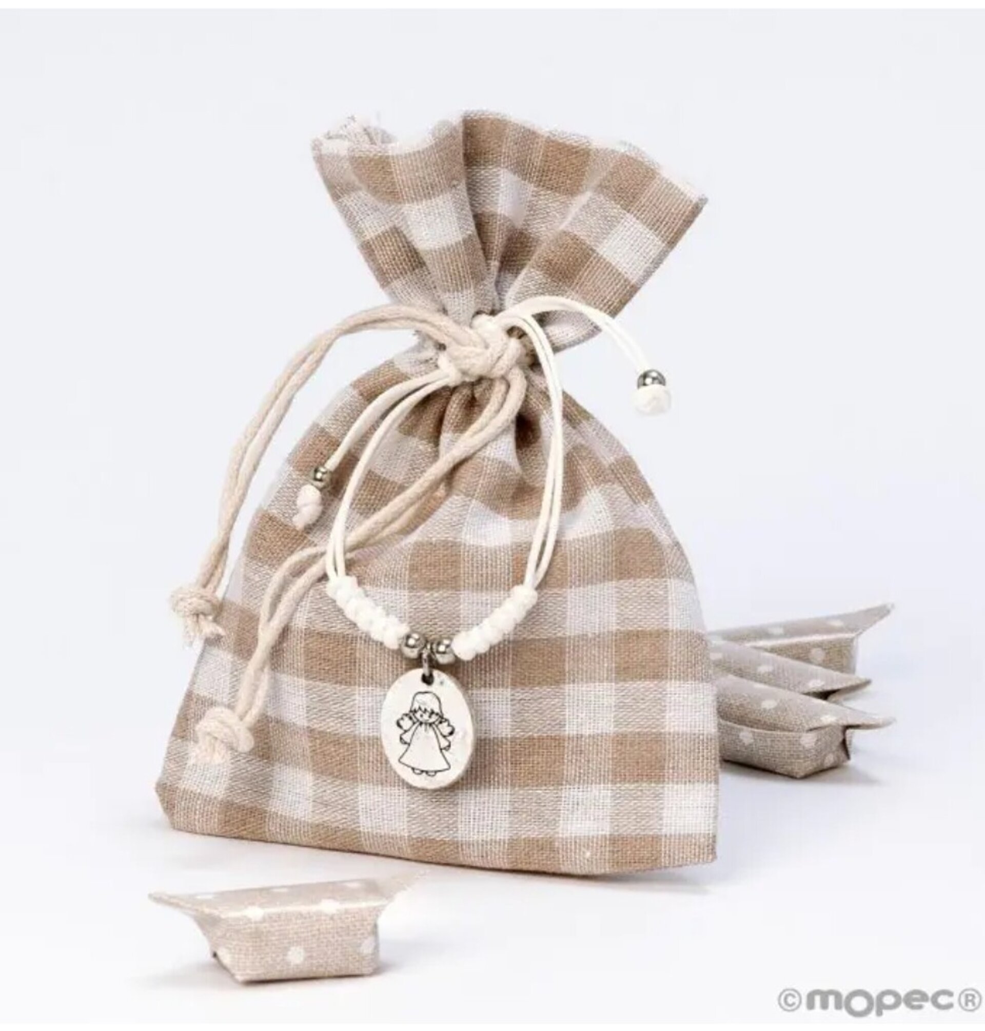 Bolsa cuadros beige pulsera Ángel 4 caramelos 10x14cm. - 1