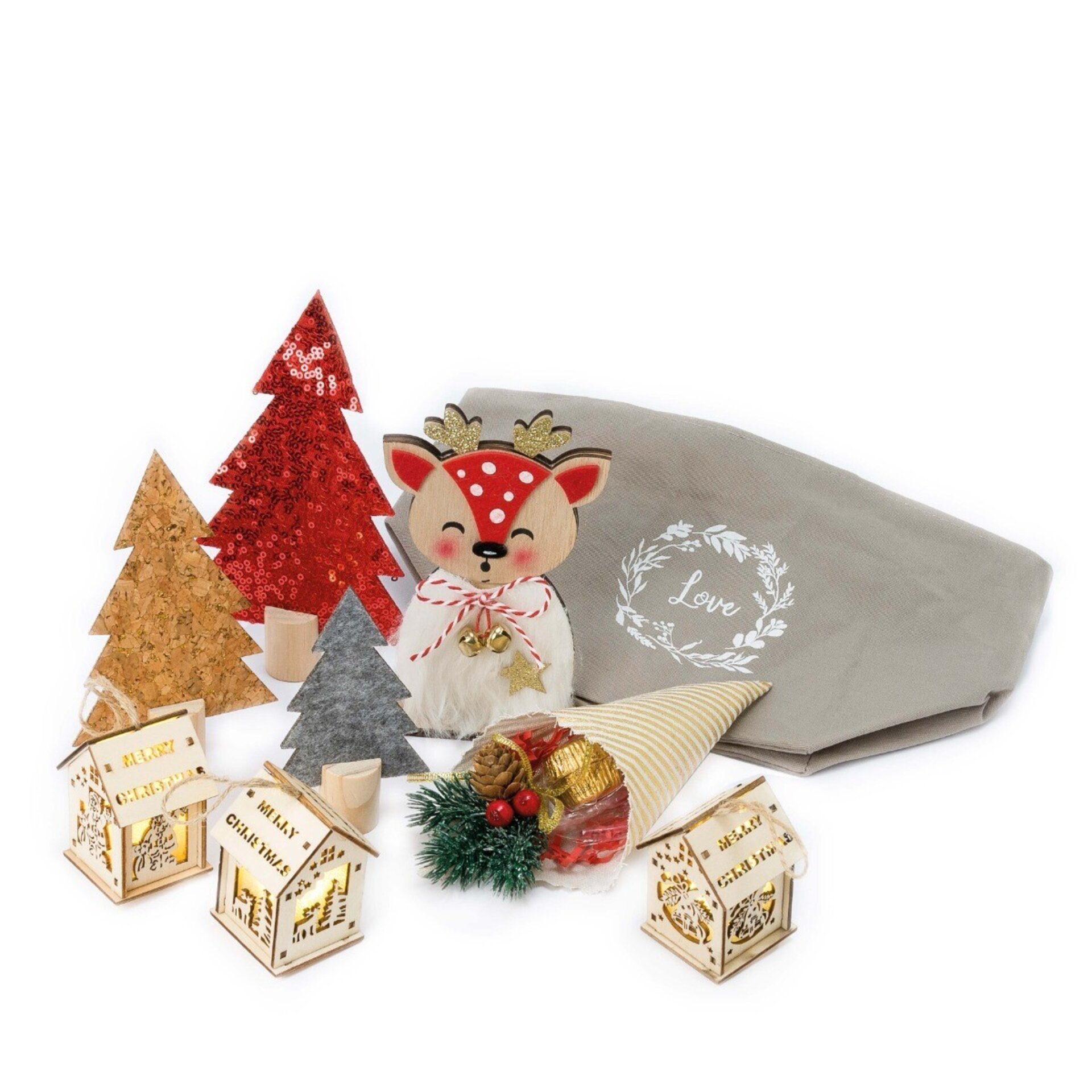 Pack cesto Love gris 3 casitas led, cervatillo, cono dulces - 2