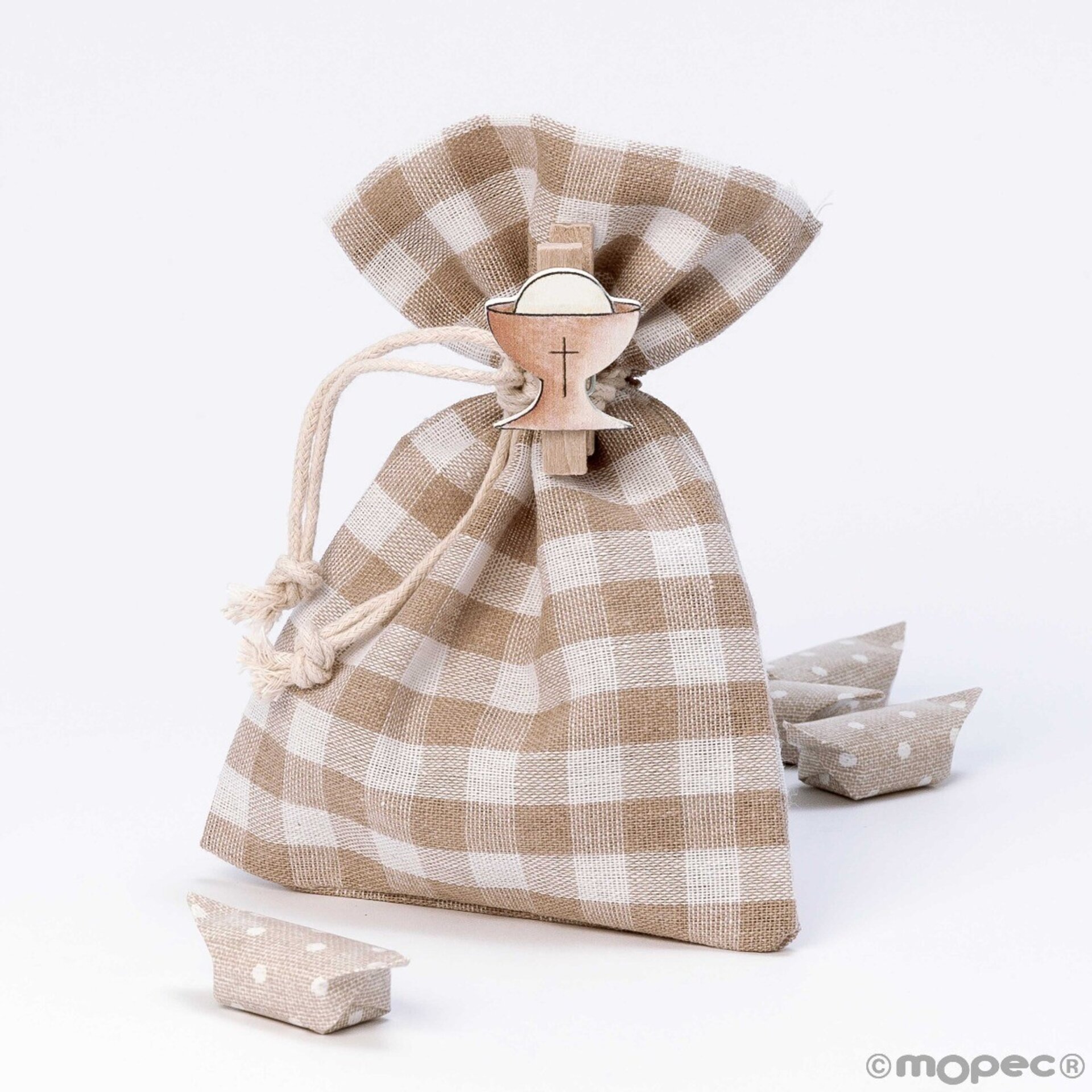 Bolsa cuadros beige con pinza cáliz y 4 caramelos 10X14 cm. - 1