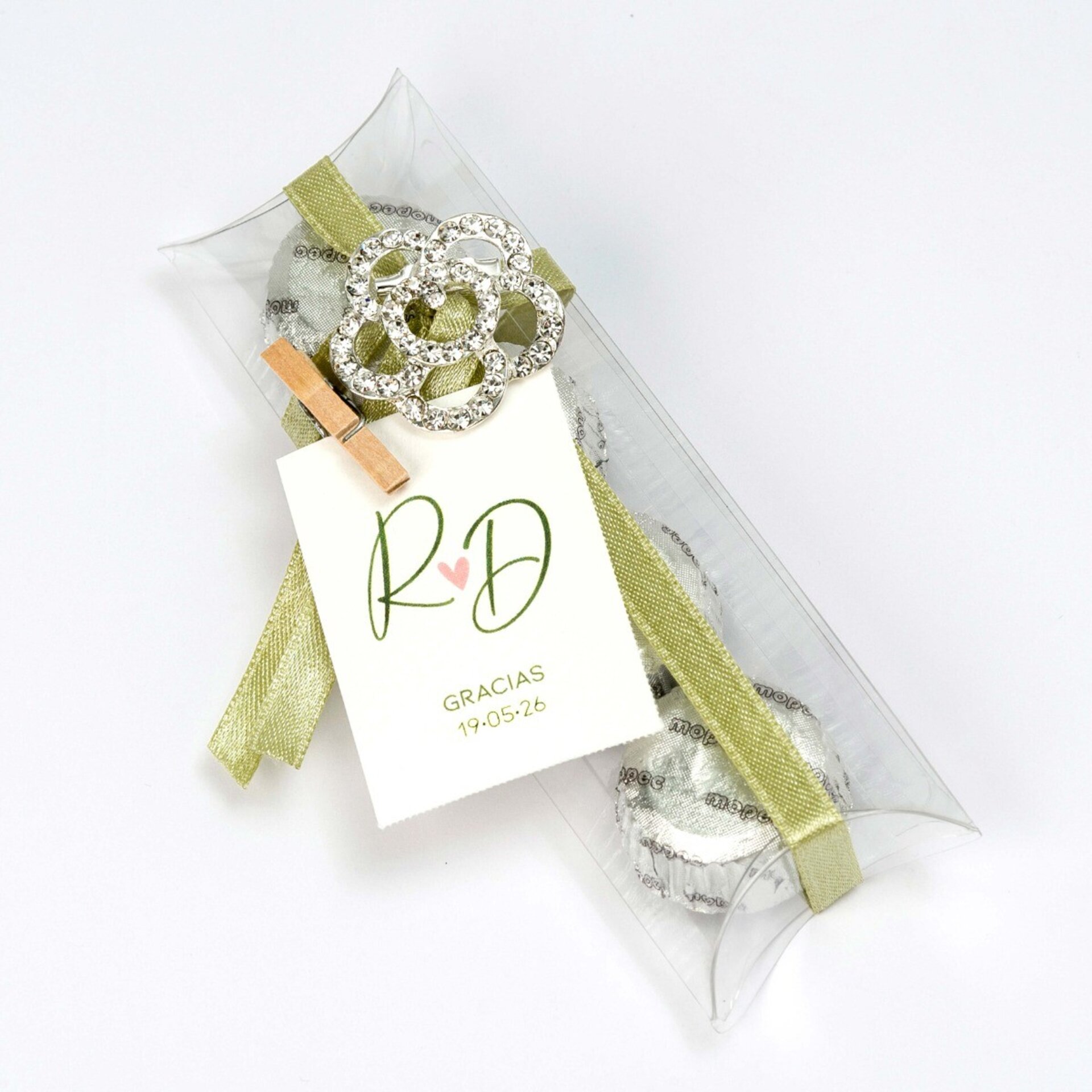 Estuche broche flor strass cinta verde 4 bombones - 2