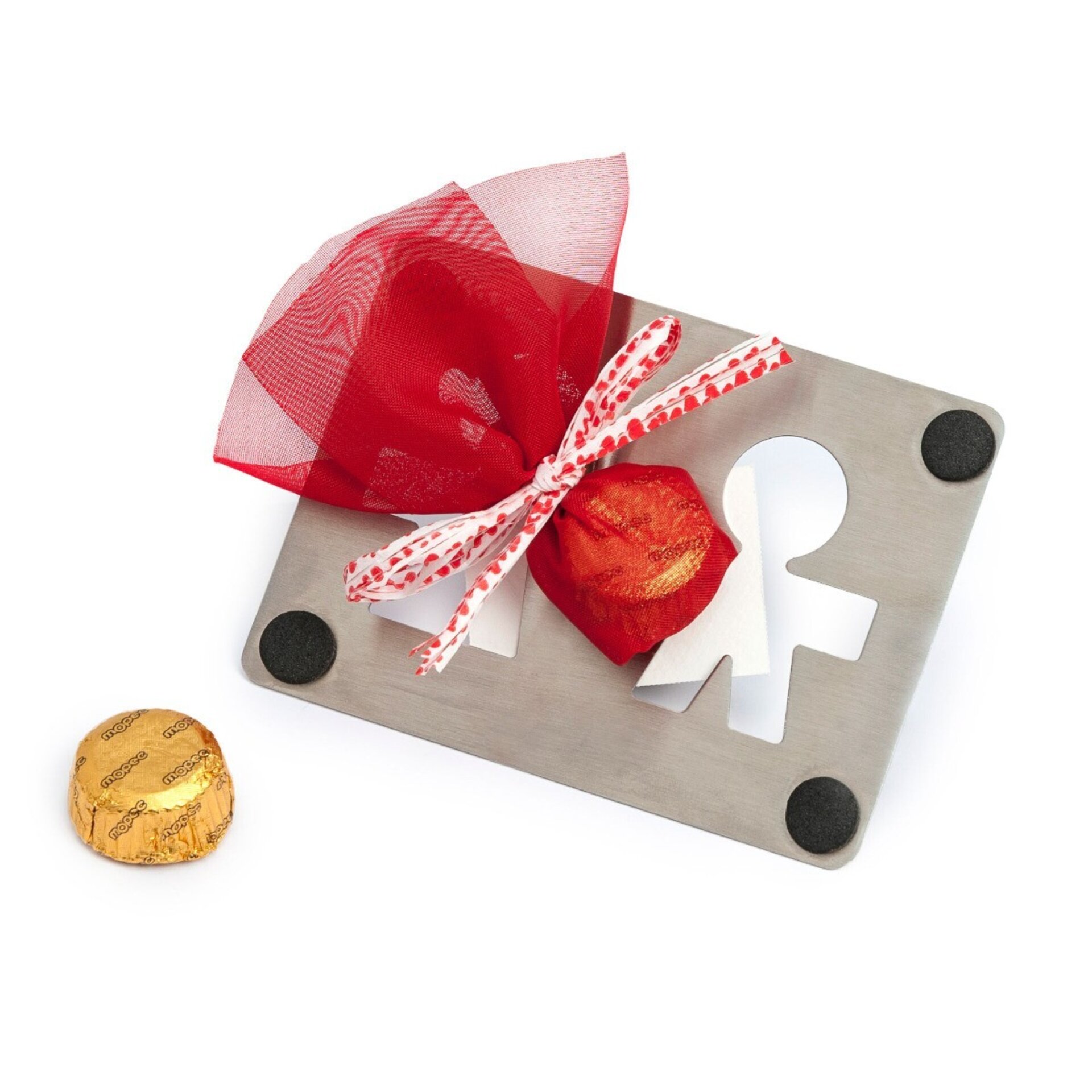 Posavasos metálico chico chica con tarjeta Love y bombón - 2