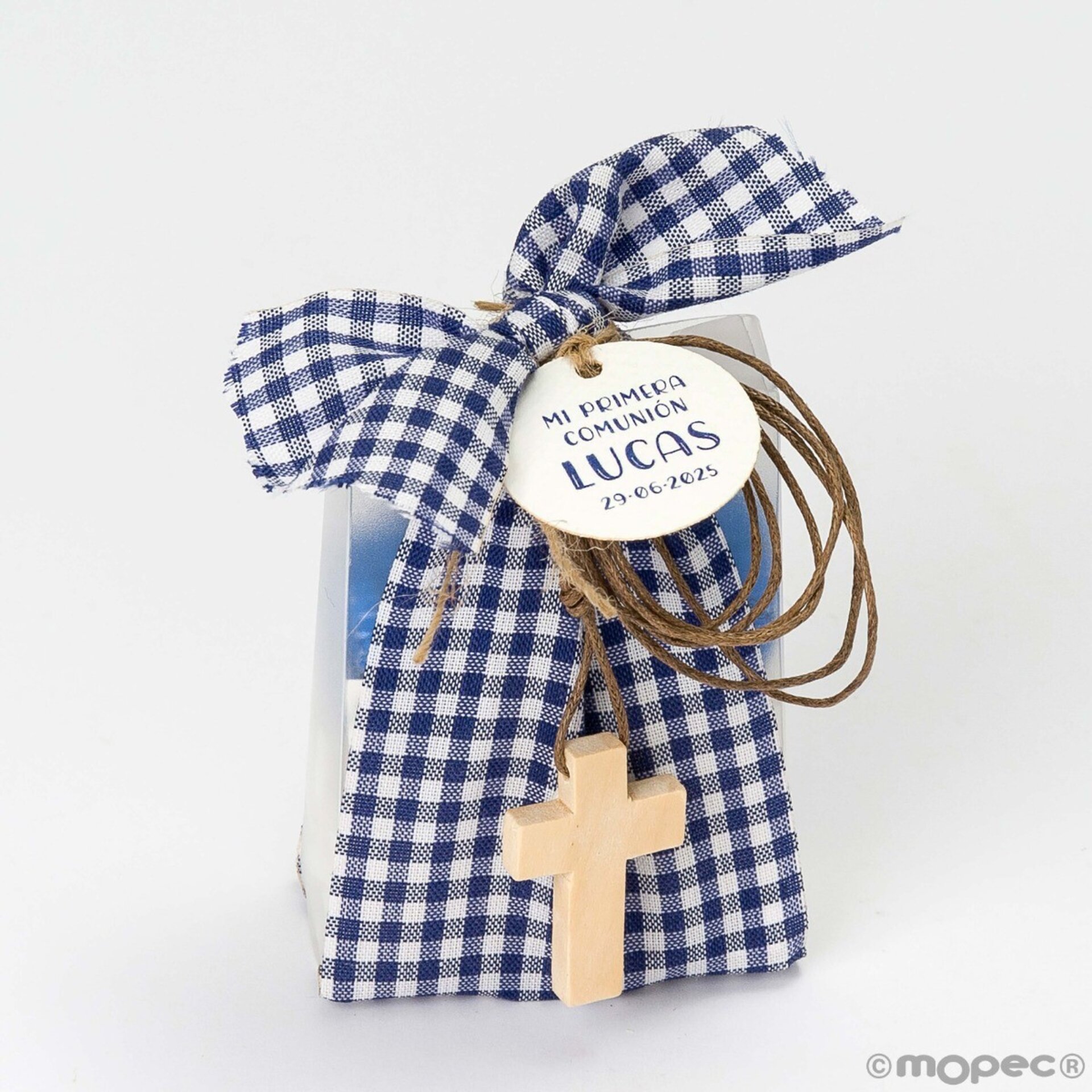 Estuche cinta cuadros vichy azul colgante cruz y 4 torinos - 2
