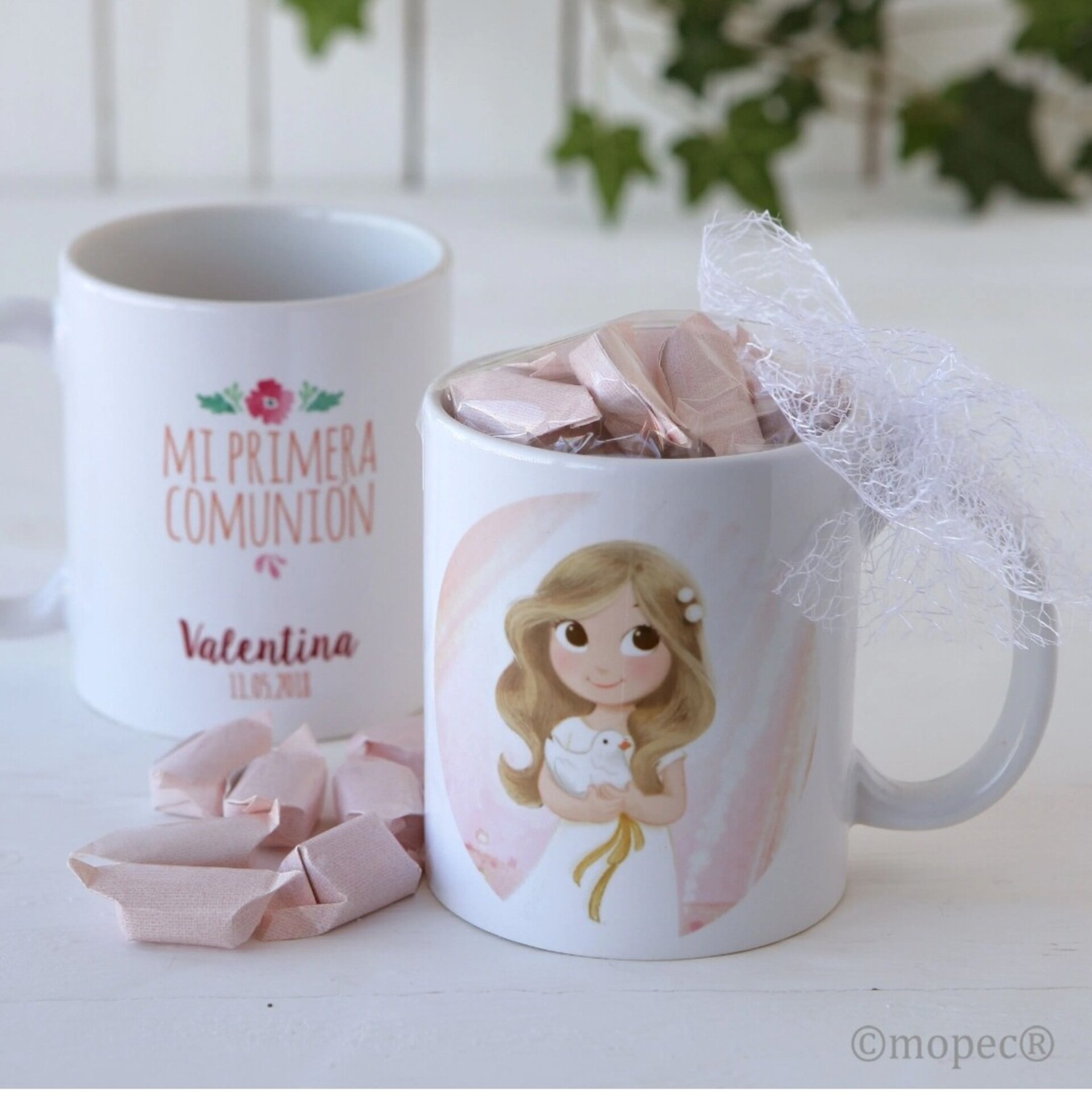 Taza cerámica mi primera comunión en caja regalo con 7 caramelos - 1