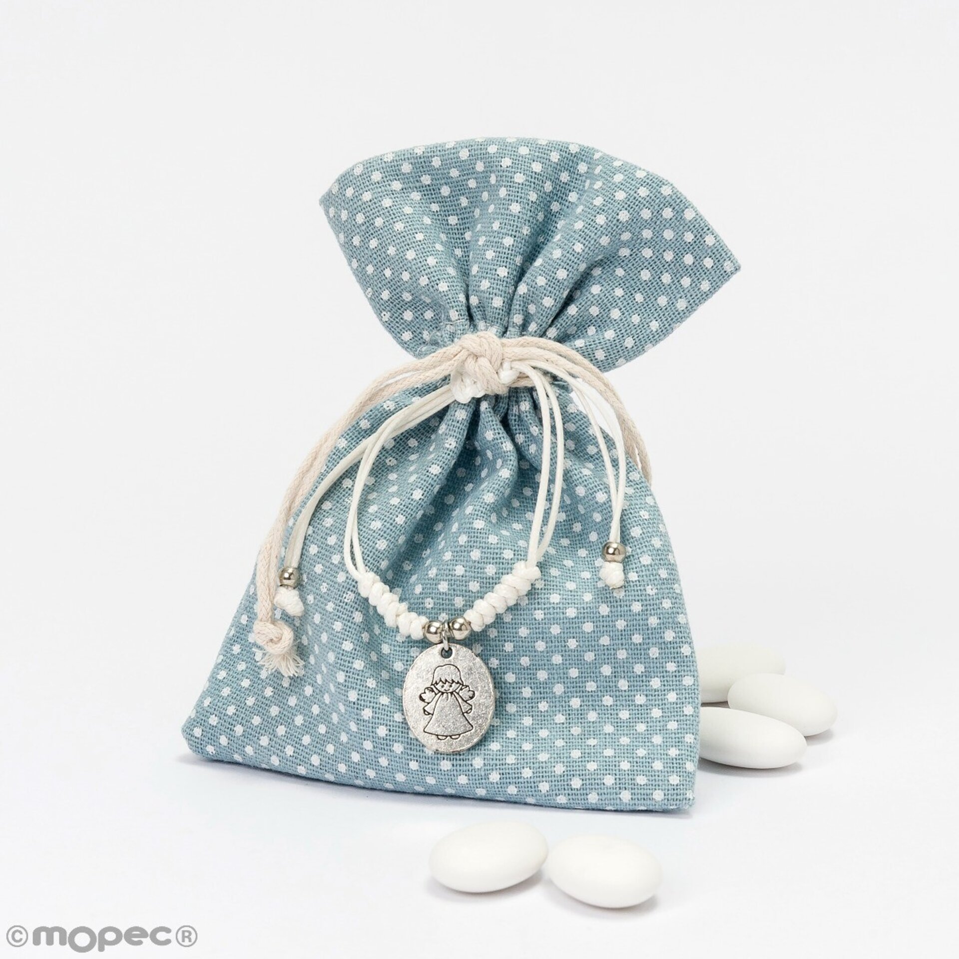 Bolsa topos azul pulsera Ángel 5 peladillas 10x14cm. - 1