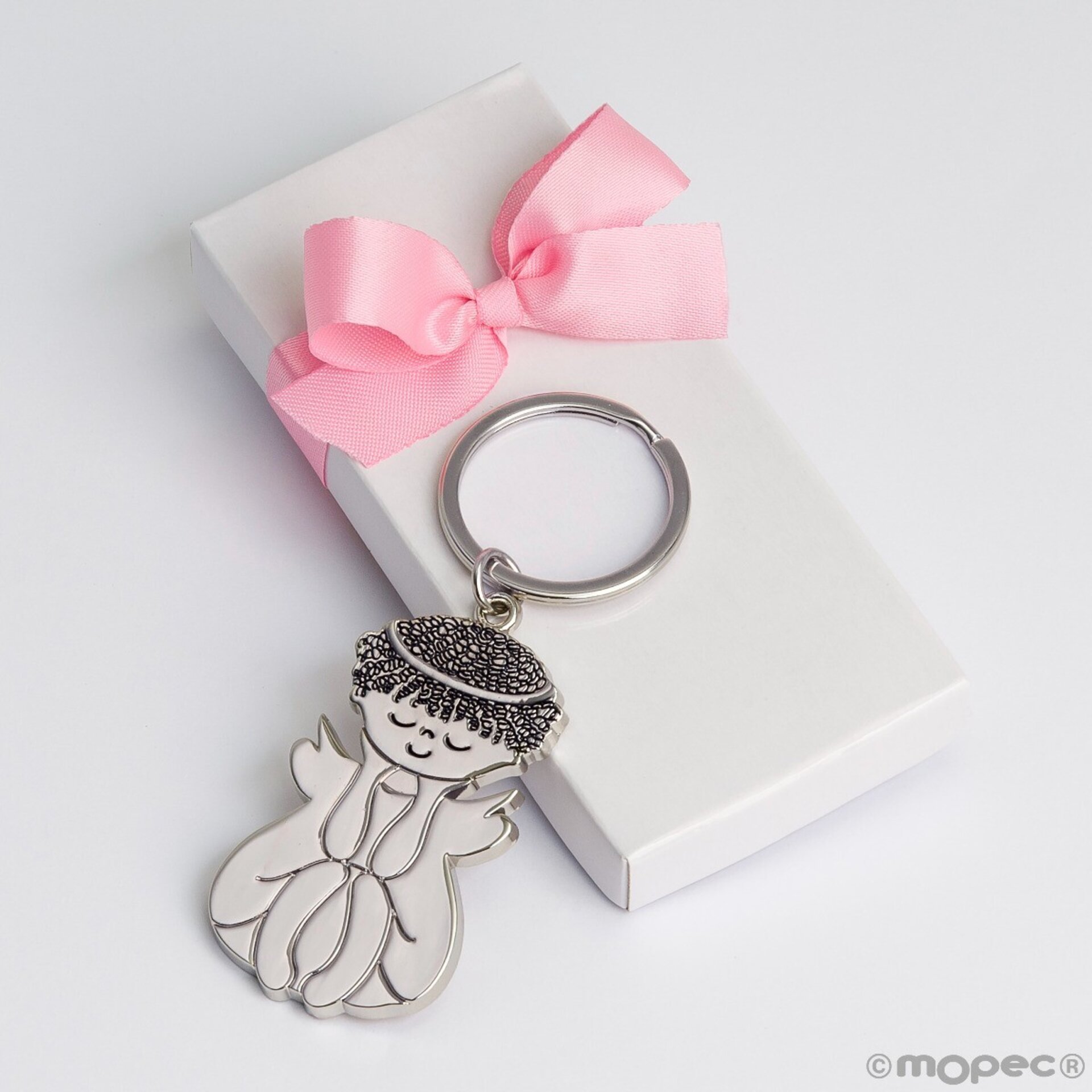 Llavero metálico Ángel sentado en caja blanca adornado rosa - 2