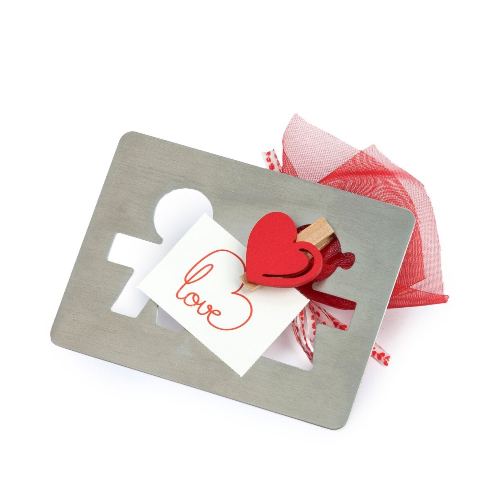 Posavasos metálico chico chica con tarjeta Love y bombón - 1