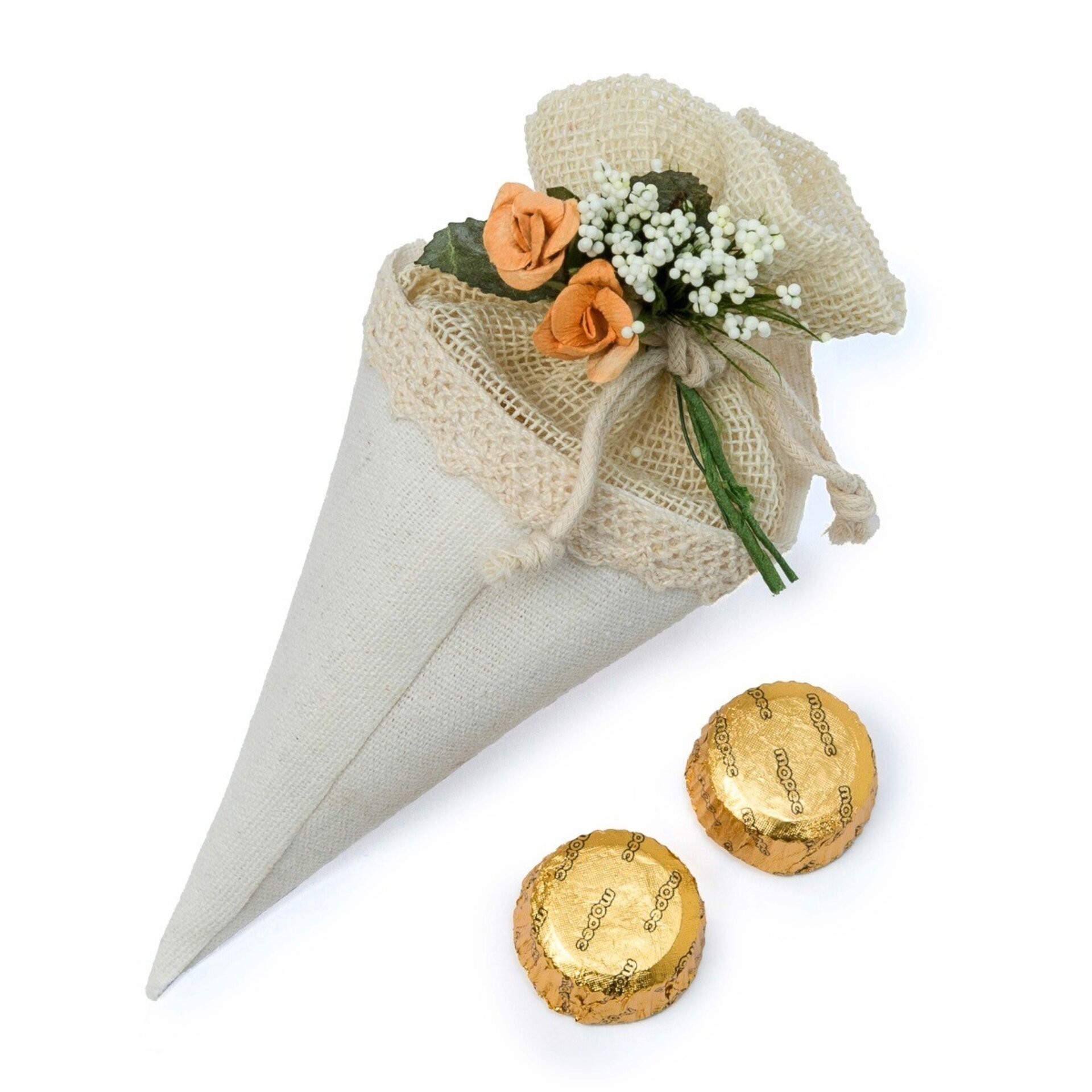 Cono-bolsa marfil decorado flores con 2 bombones - 1
