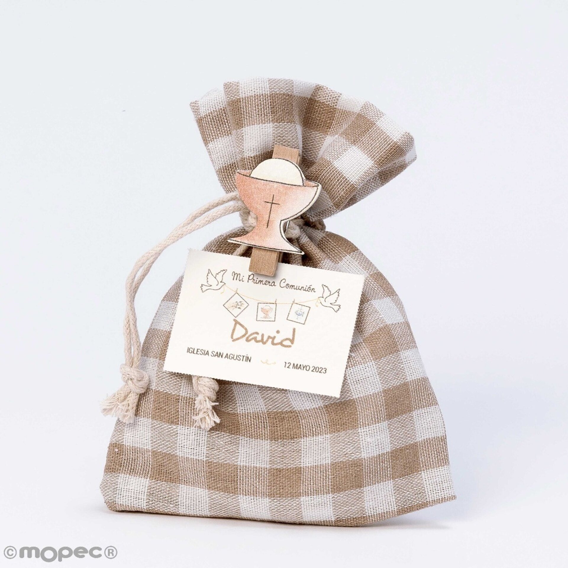 Bolsa cuadros beige con pinza cáliz y 4 caramelos 10X14 cm. - 2