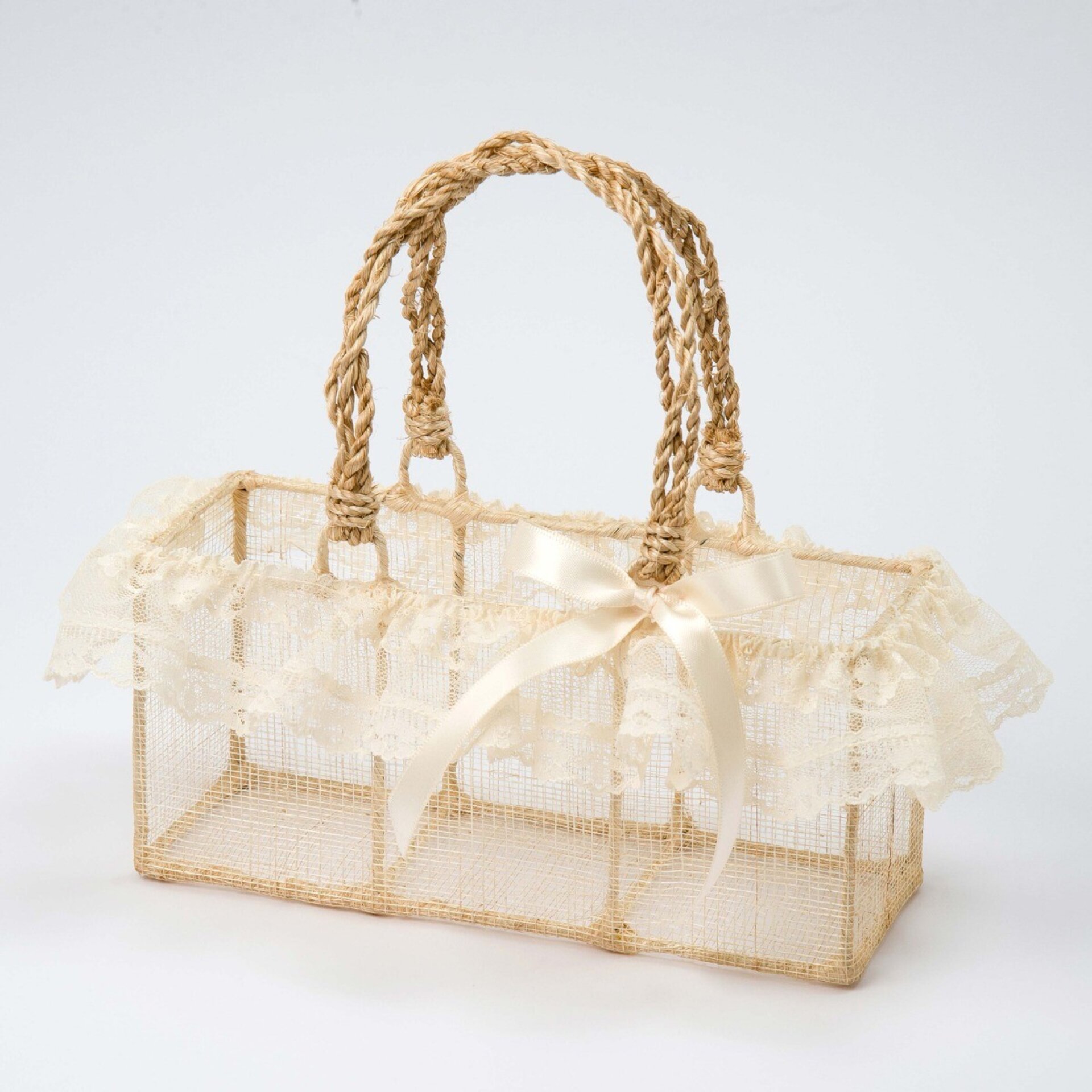 Cesta rafia natural adornada con puntilla - 1