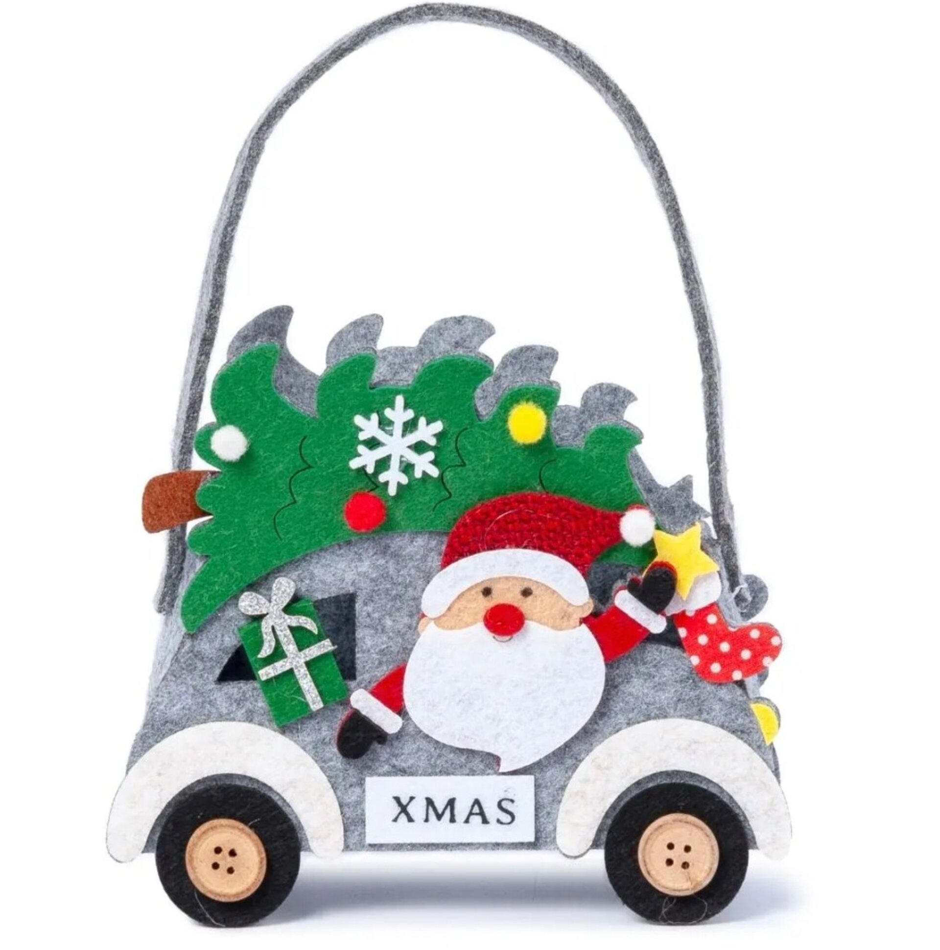 Cesto fieltro gris Papa Noel en coche 20cm. - 2