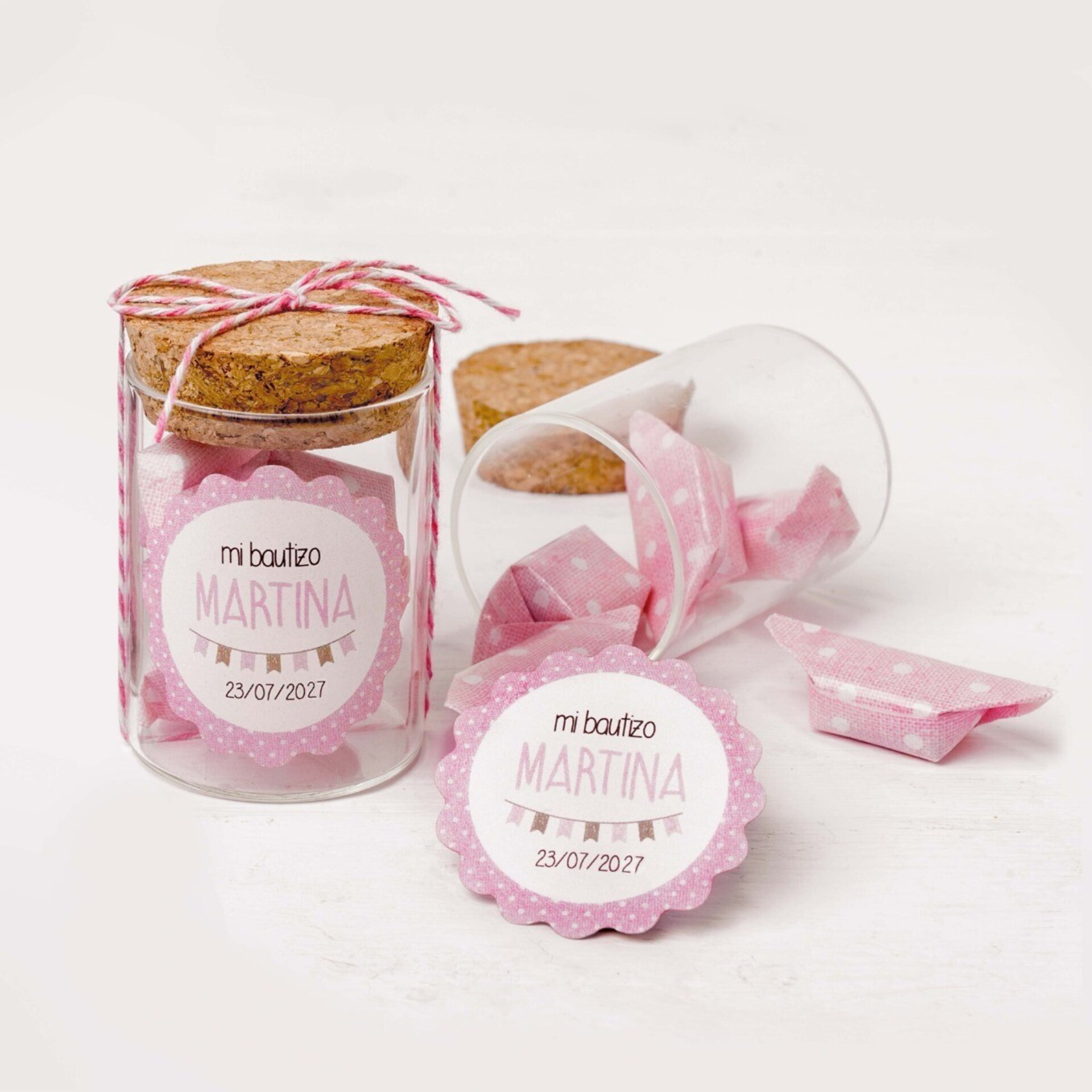 Tarro cristal y 5caramelos rosas, Ø4,5x6,5cm. Min.12 3,30€ - 2