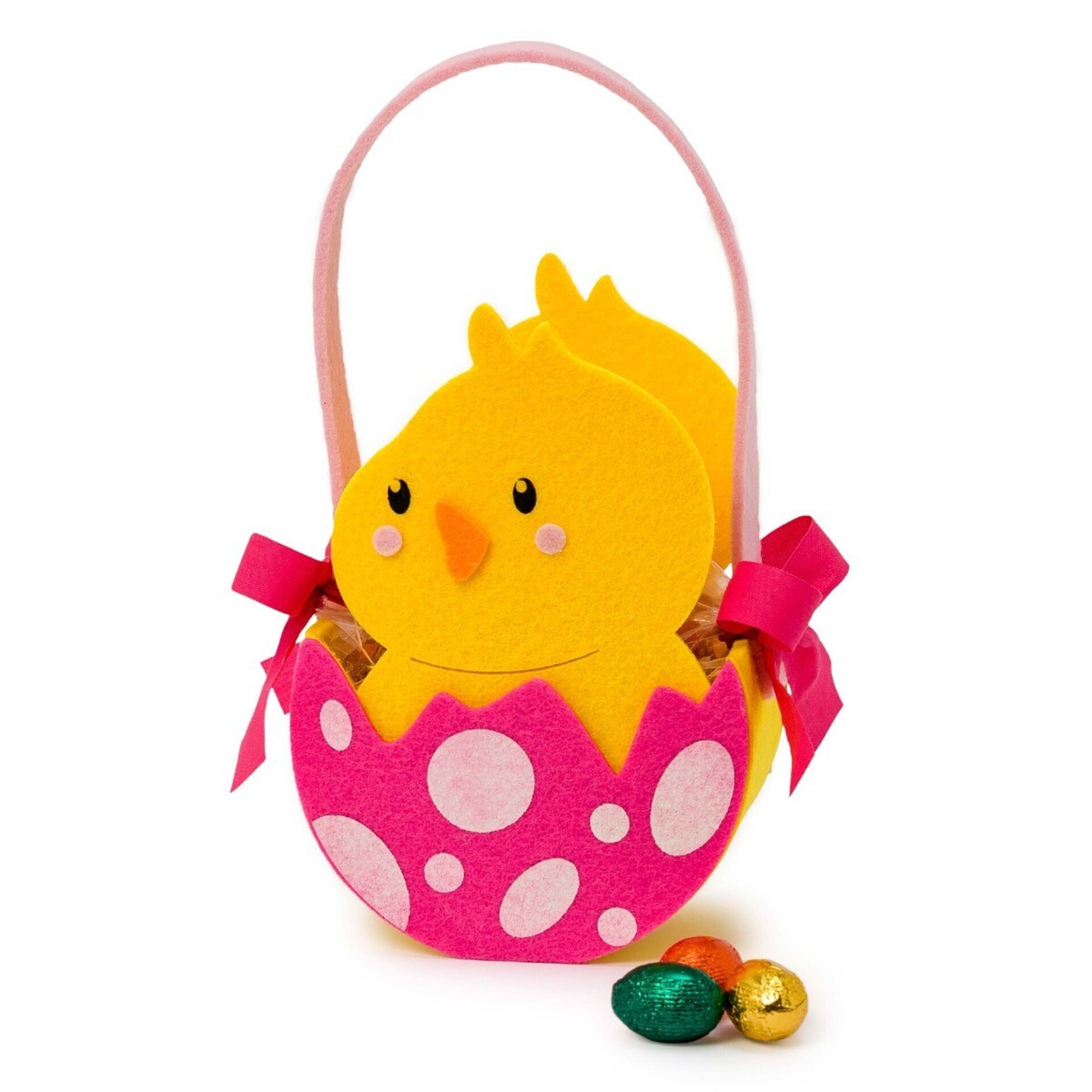 Cesto pollito cascarón rosa 12 huevos praliné - 1