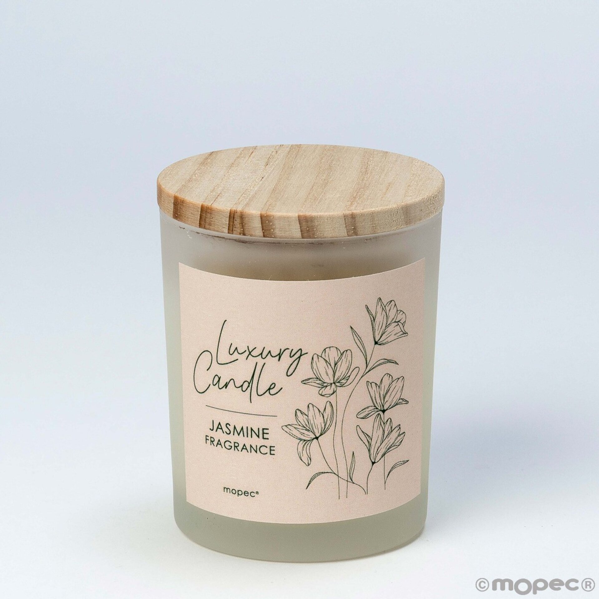 Vela aroma jazmín frasco cristal Ø5,5x8cm tapa madera min.4 4,85€ - 2